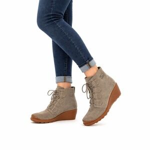 Sorel After Hours Lace Wedge Boots Taupe Suede Womens 6 EU 37 NL2115